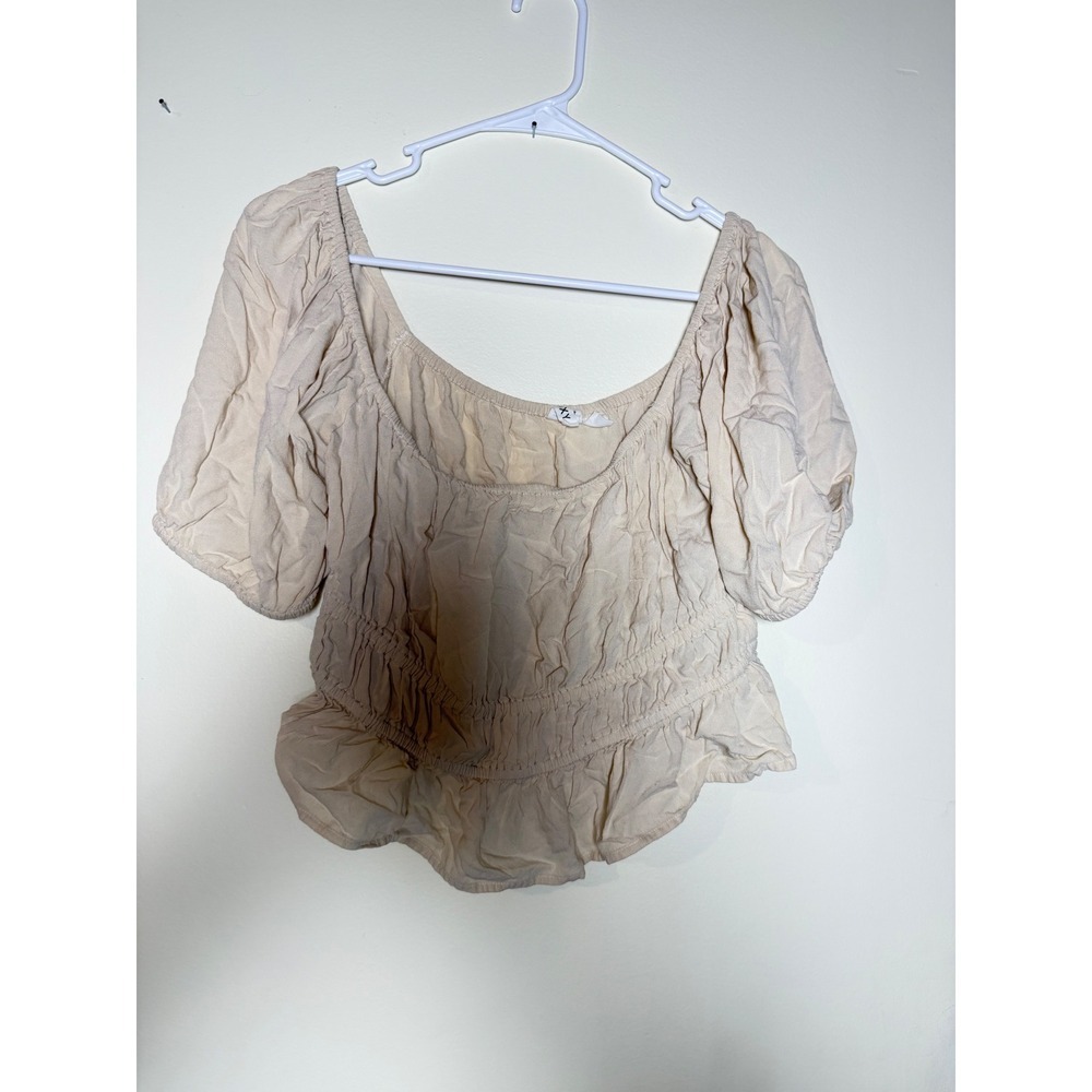Roxy Womens Cream Smocked Puff Sleeve Crop Top Ruffle Hem Boho Blouse Large